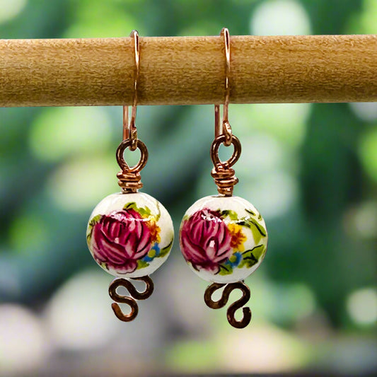 Pink Antique Porcelain Style Bead Earrings in Copper