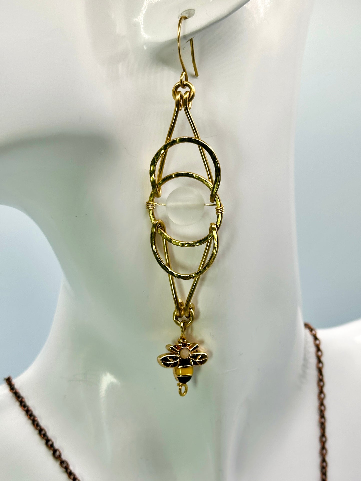 Interlocking Circle Earrings in Brass with Bee Accent