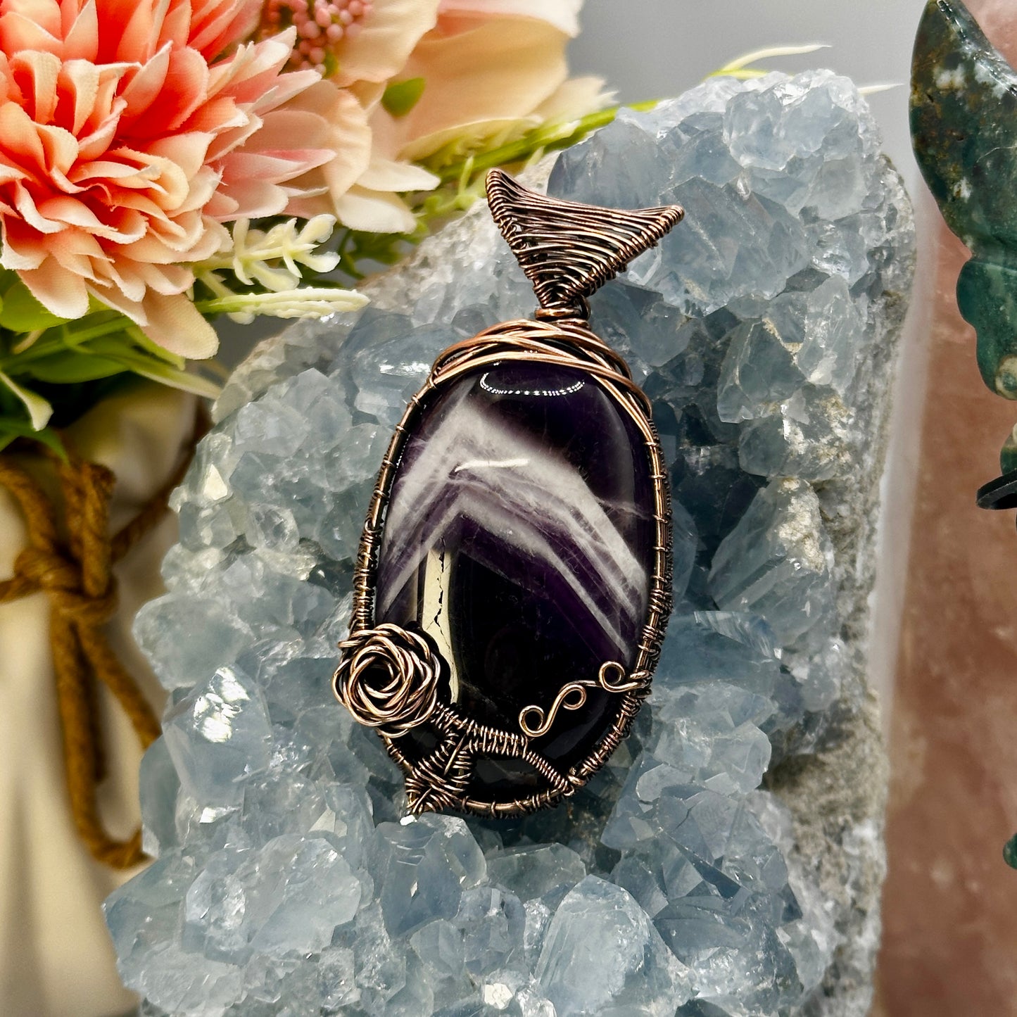 Chevron Amethyst in Copper w/ Wire Rose