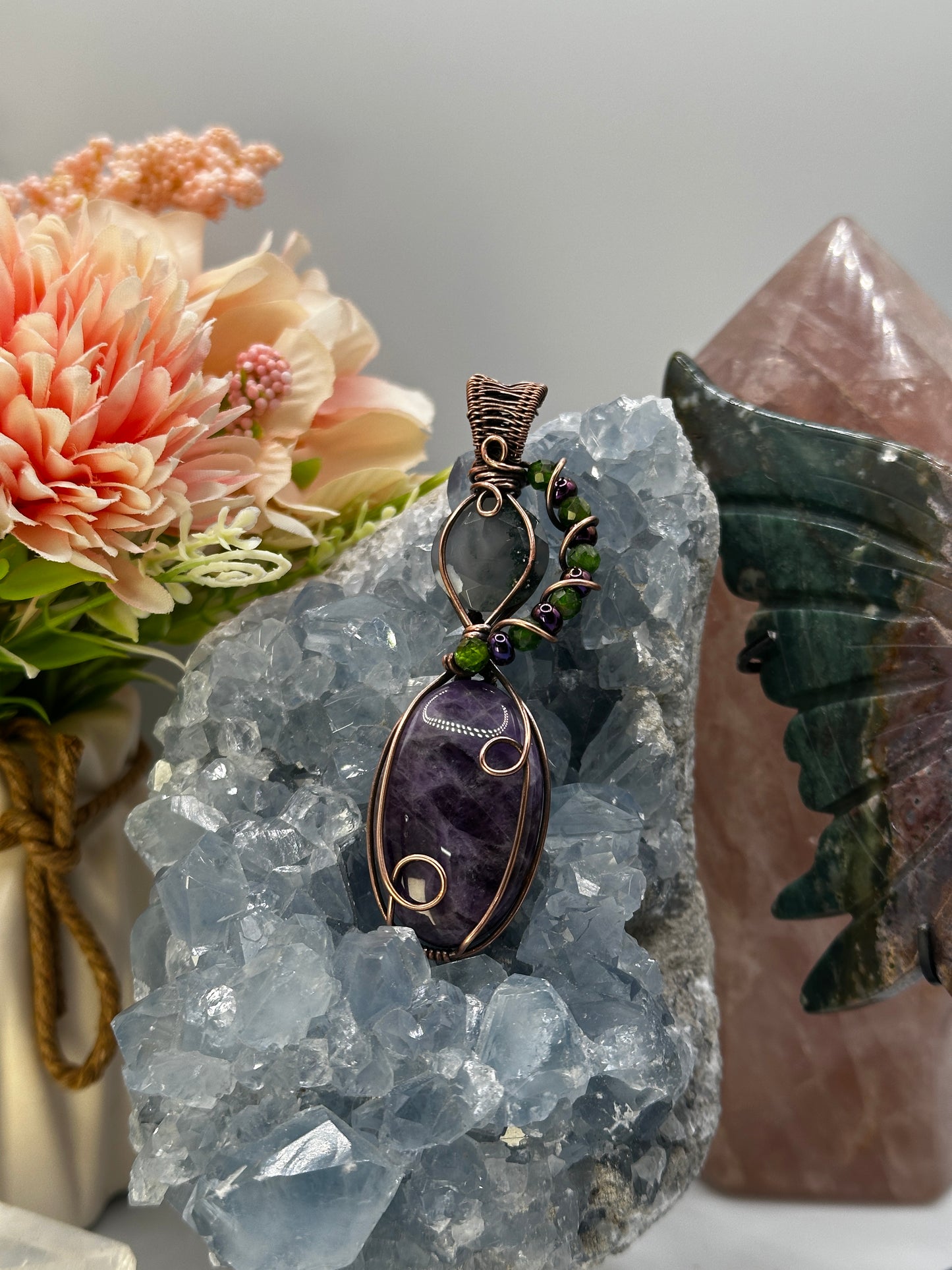 Amethyst & Moss Agate Double Pendant