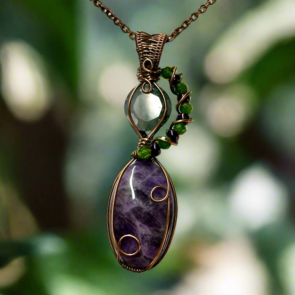 Amethyst & Moss Agate Double Pendant