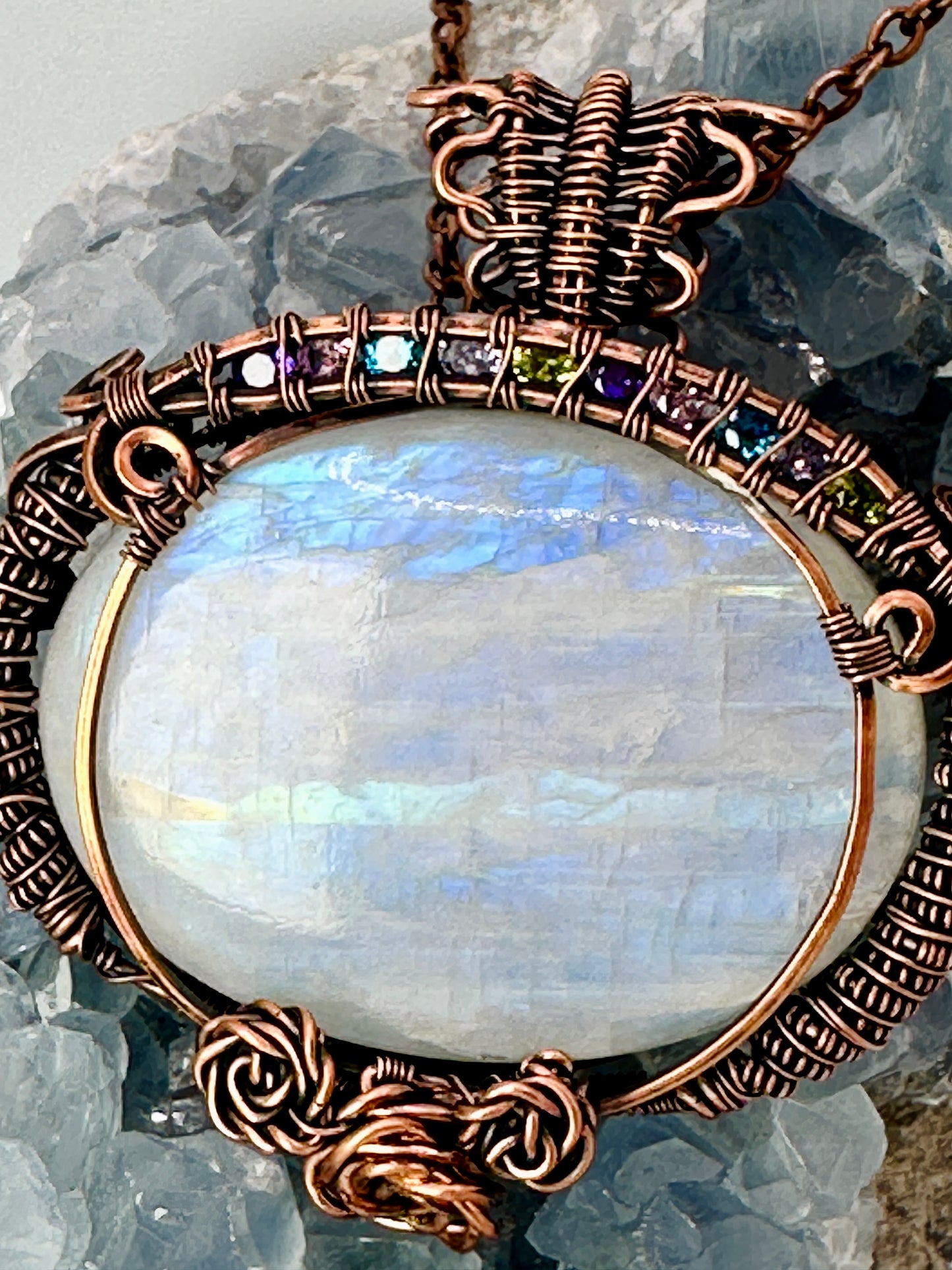 Lg Moonstone Pendant in Copper Coils w/ Channel