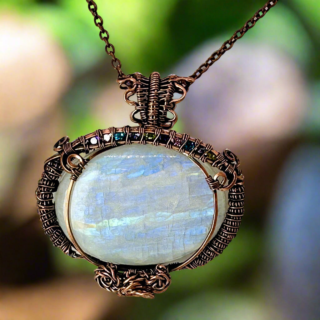 Lg Moonstone Pendant in Copper Coils w/ Channel