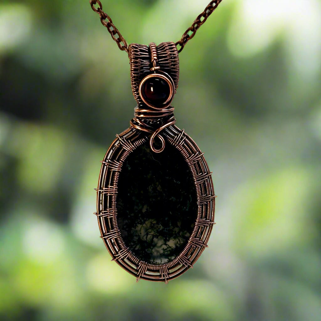 Moss Agate in Copper w/ Red Bead