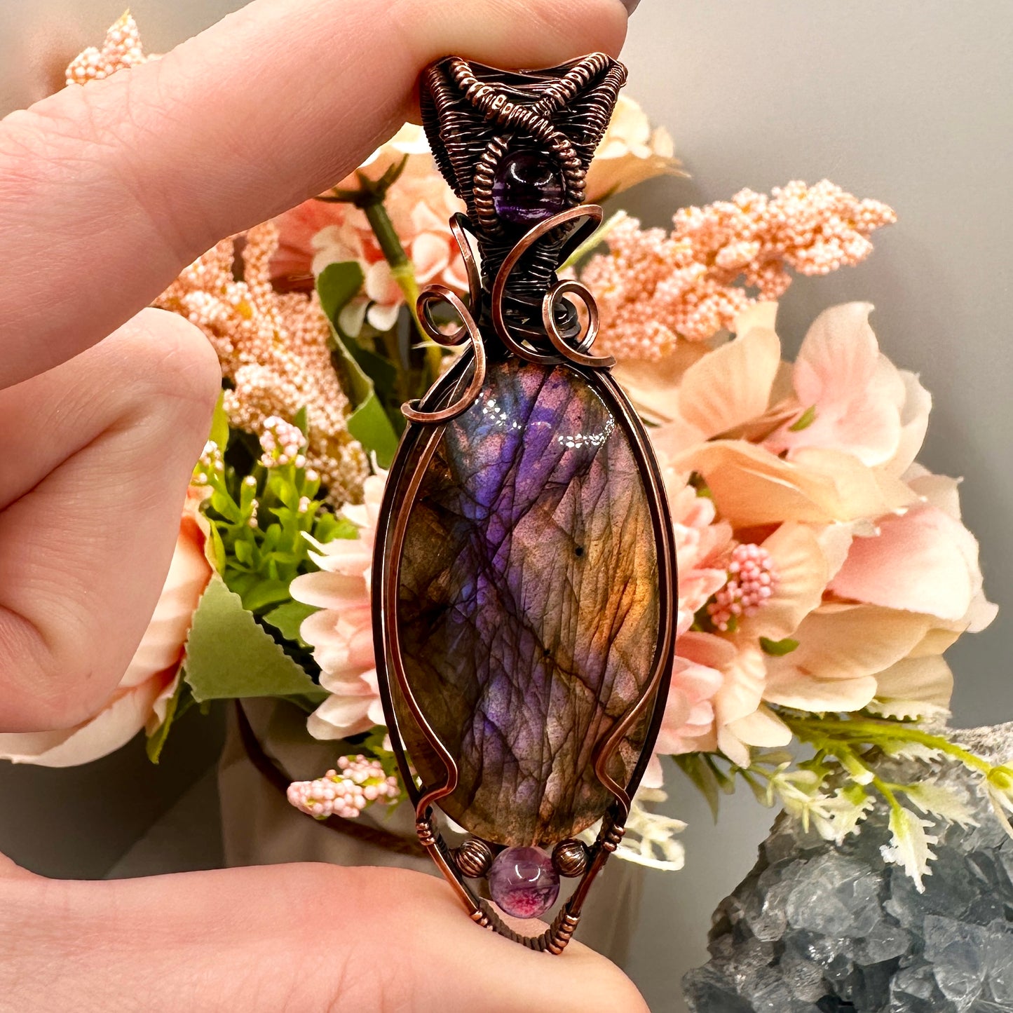 Rainbow Labradorite w/ Amethyst Accents in Copper