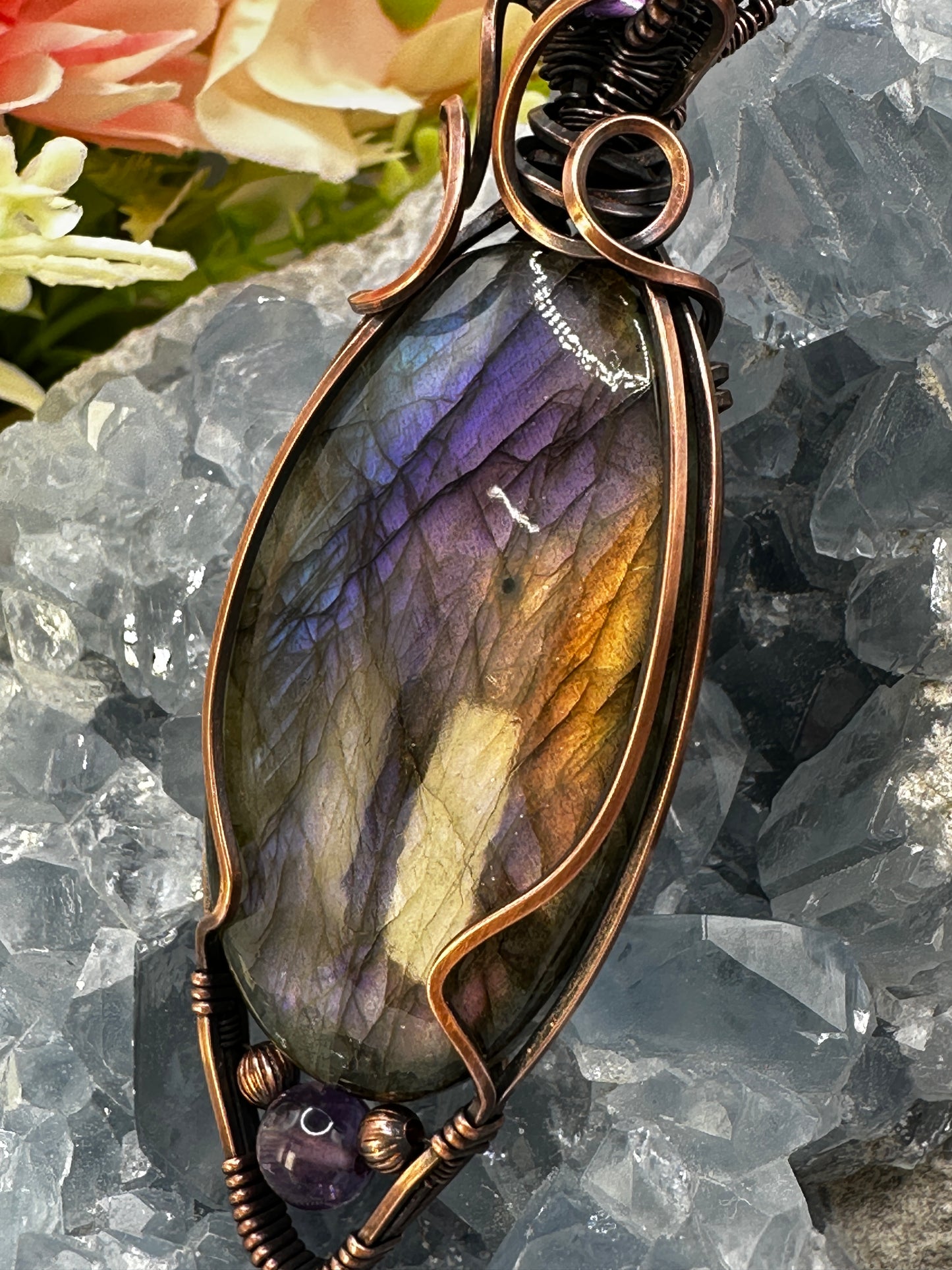 Rainbow Labradorite w/ Amethyst Accents in Copper