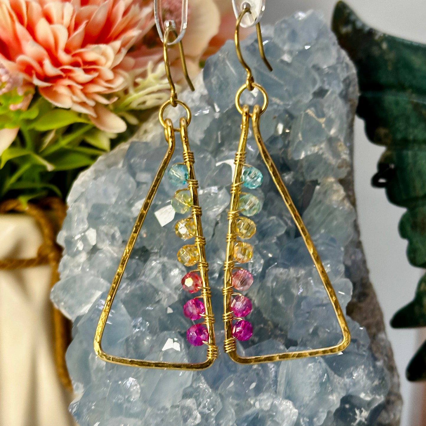 Rainbow Bead Triangle Earrings in Brass