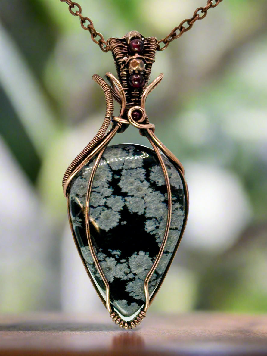 Snowflake Obsidian w/ Garnet Beads in Copper