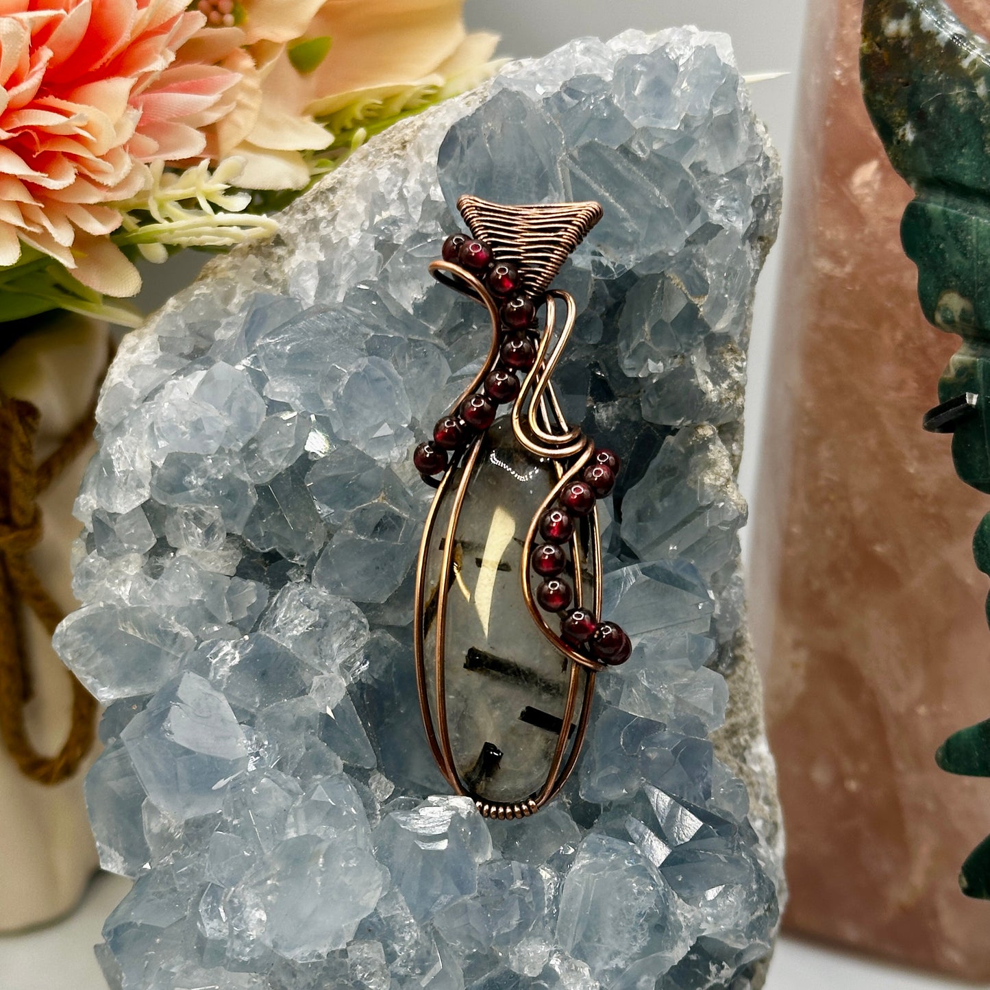 Tourmalinated Quartz w/ Garnet Beads