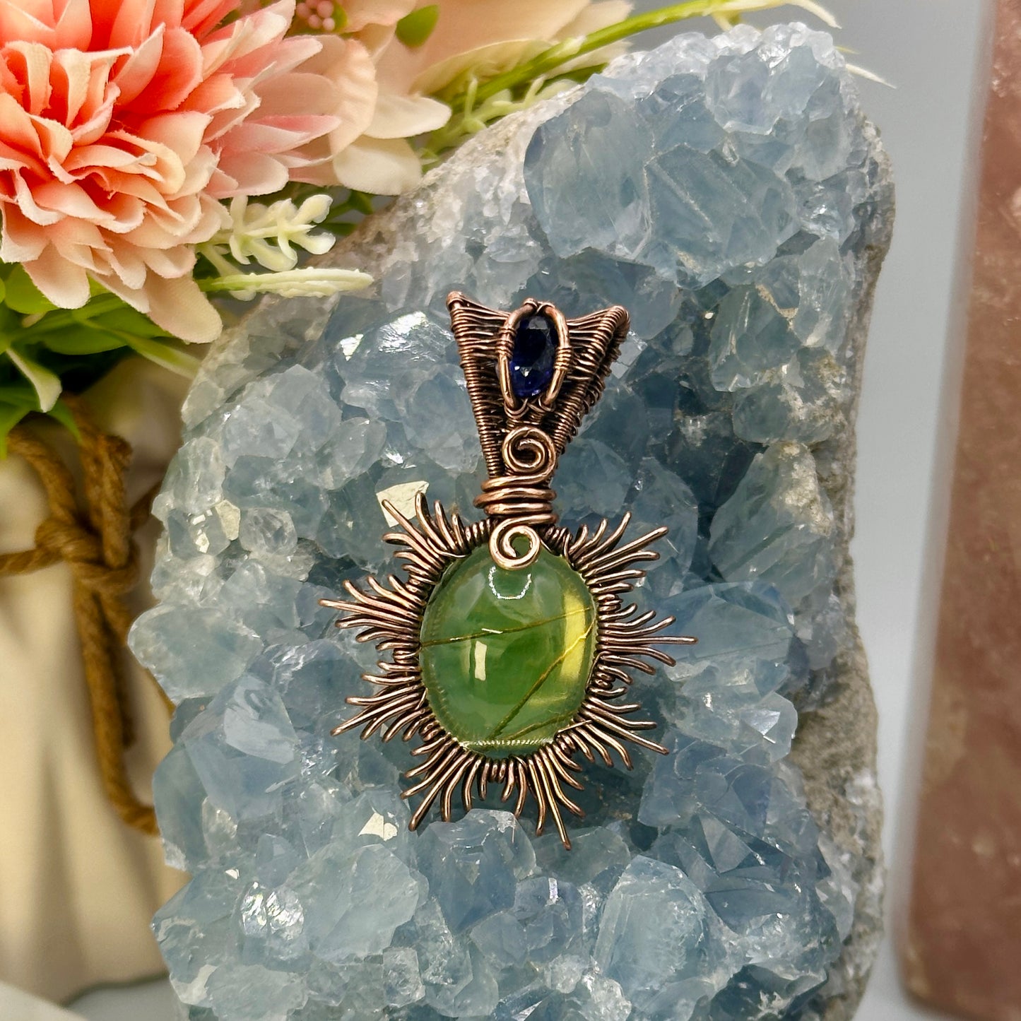 Uranium Glass Sunburst Pendant in Copper