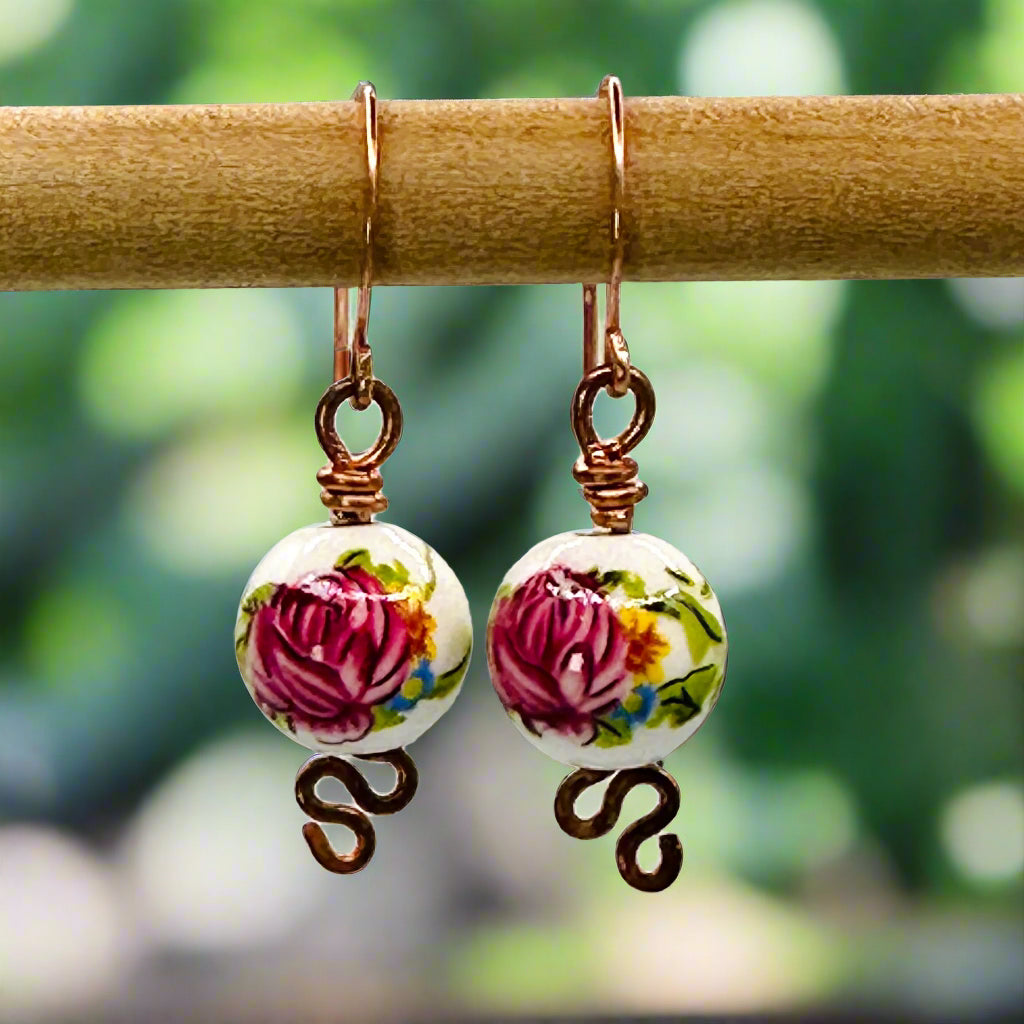 Pink Antique Porcelain Style Bead Earrings in Copper