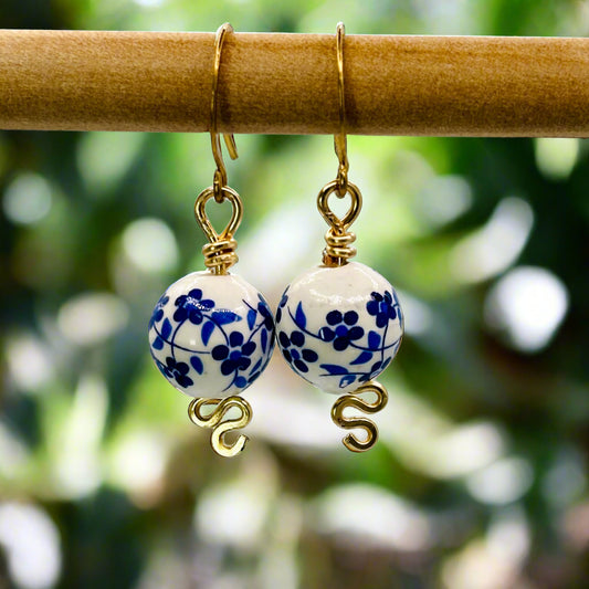Blue Antique Porcelain Style Bead Earrings in Brass