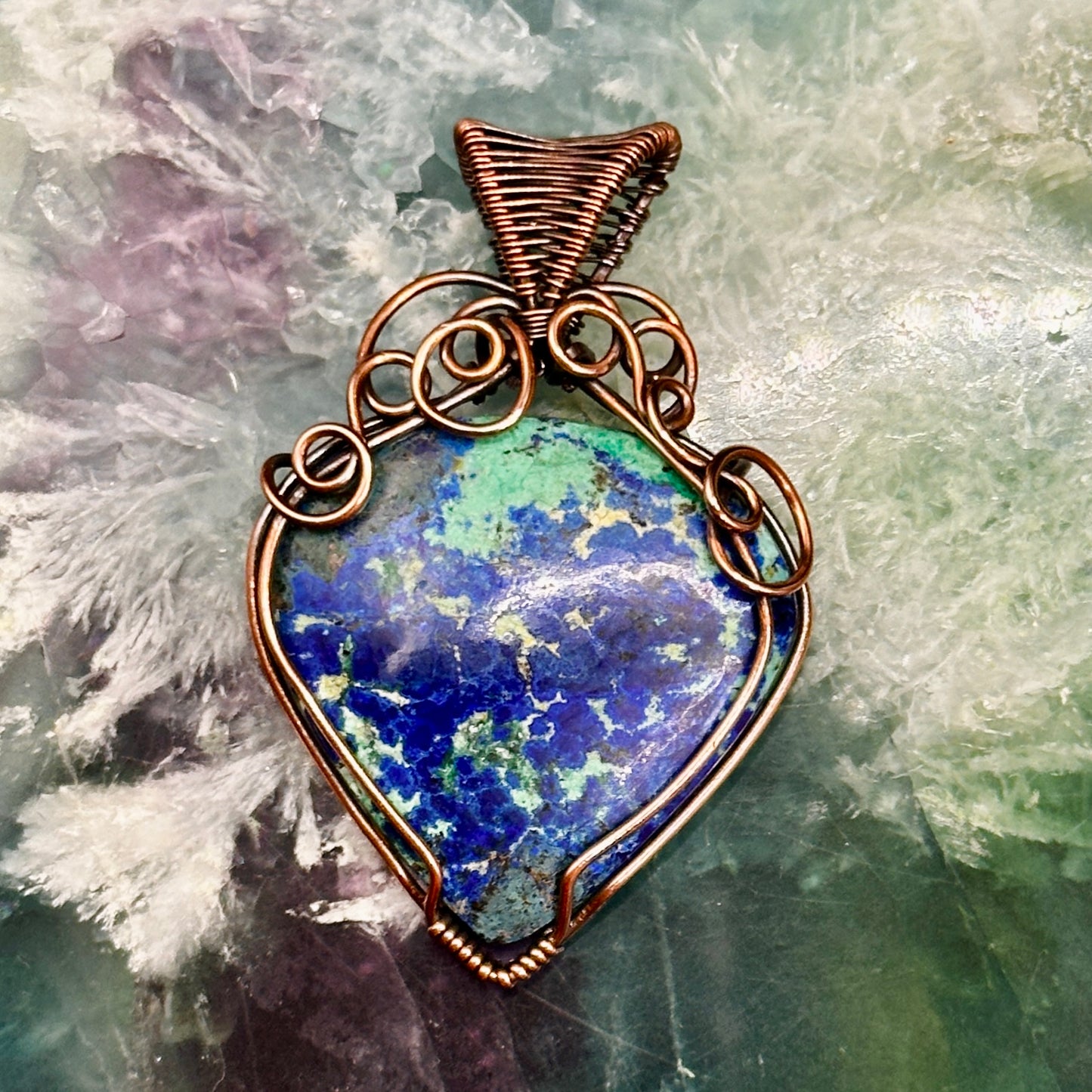 Azurite stone wrapped in antiqued copper