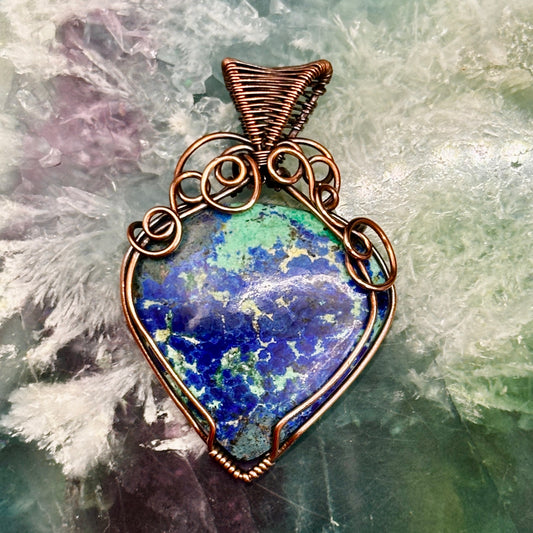 Azurite stone wrapped in antiqued copper