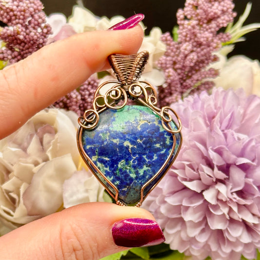 Azurite stone wrapped in antiqued copper