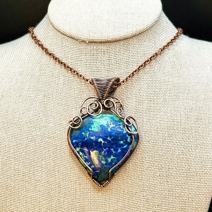 Azurite stone wrapped in antiqued copper