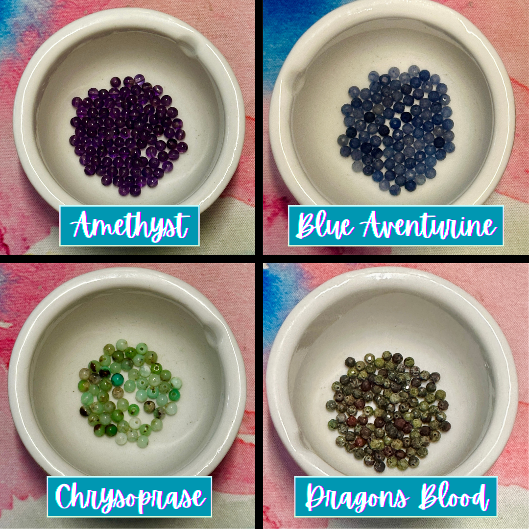 Bead choices of amethyst, blue aventurine, chrysoprase, and dragons blood