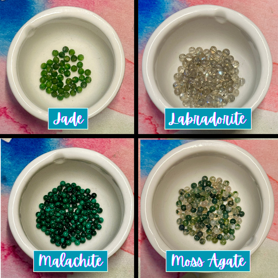 Bead choices of jade, labradorite, malachite, and moss agate