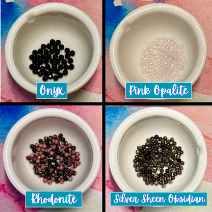 Bead choices of onyx, pink opalite, rhodonite, and silver sheen obsidian