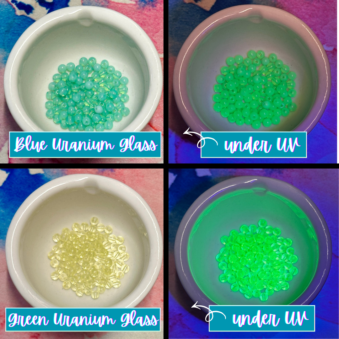 Bead choices of blue or green uranium glass and photos of both under UV light