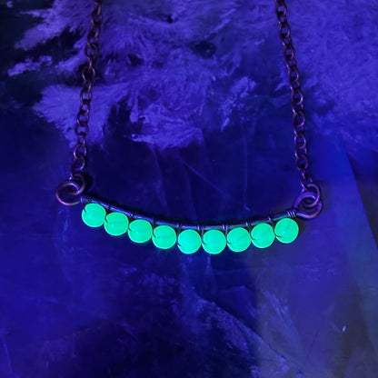 Bar necklace option of blue uranium glass under UV light