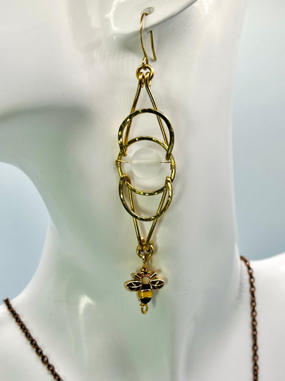 Interlocking Circle Earrings in Brass with Bee Accent