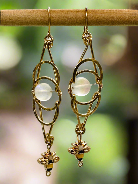 Interlocking Circle Earrings in Brass with Bee Accent