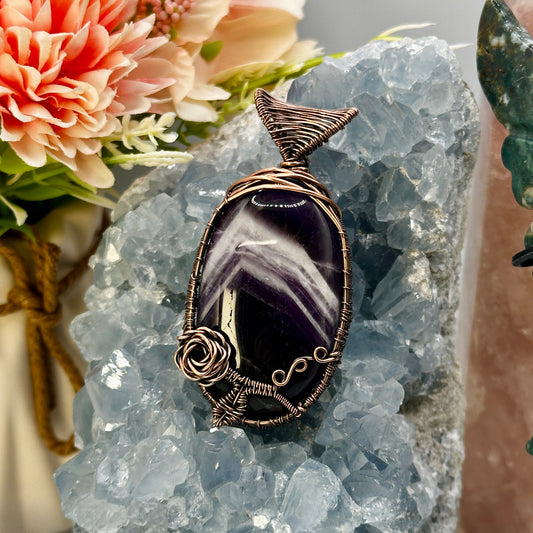 Chevron Amethyst in Copper w/ Wire Rose