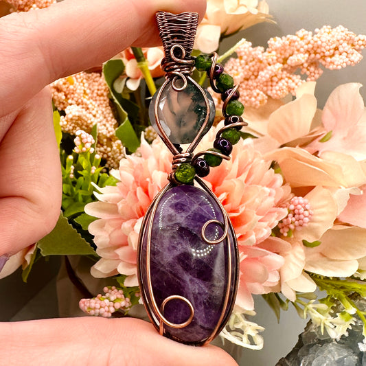 Amethyst & Moss Agate Double Pendant