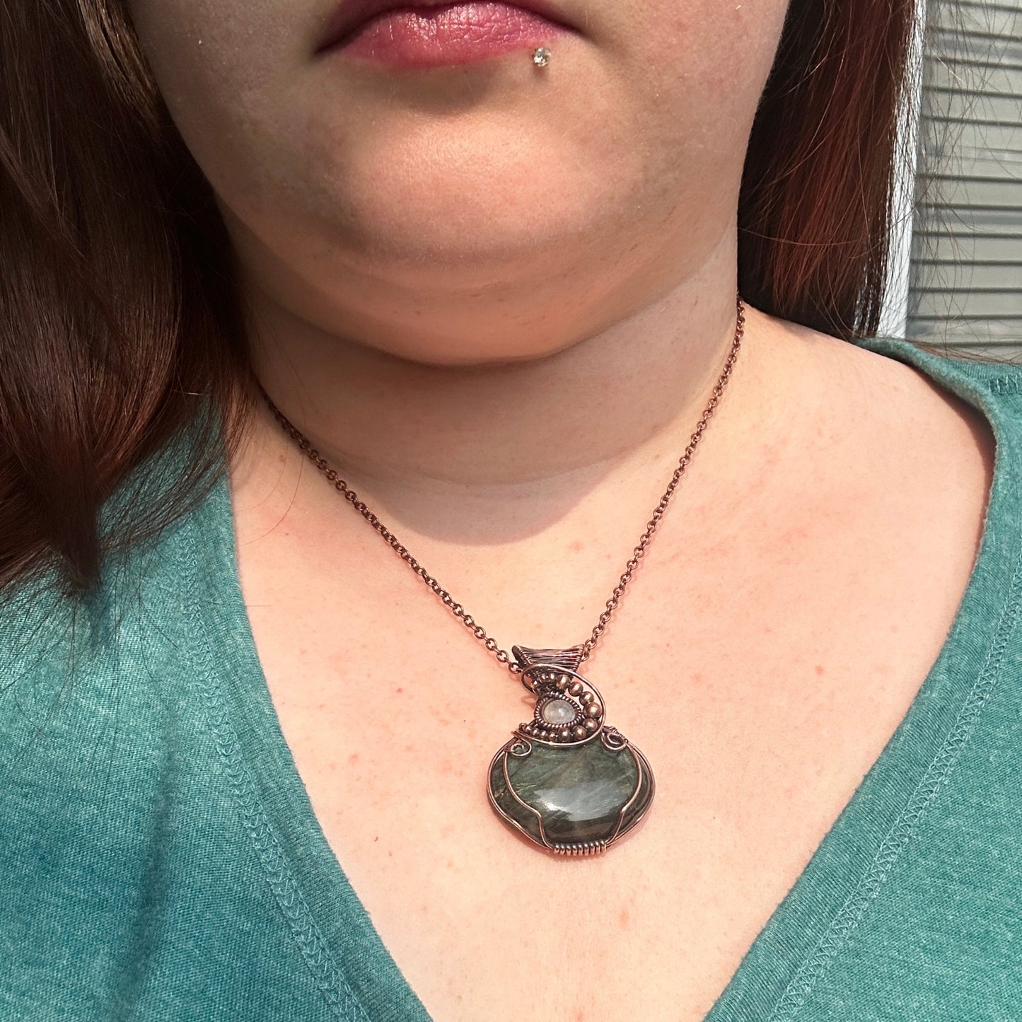 Green Labradorite w/ Moonstone Bead in Copper