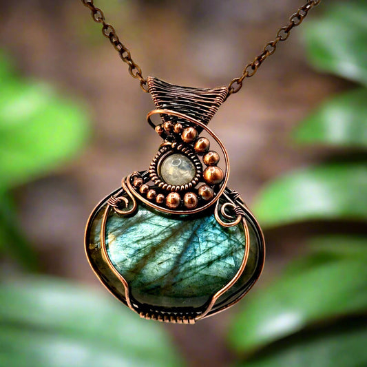 Green Labradorite w/ Moonstone Bead in Copper