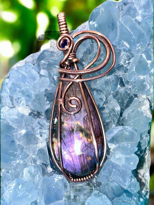 Pear Labradorite Pendant w/ CZ gem accent