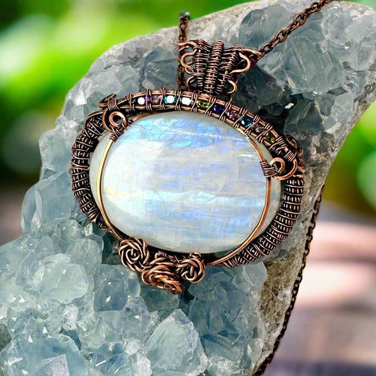 Lg Moonstone Pendant in Copper Coils w/ Channel