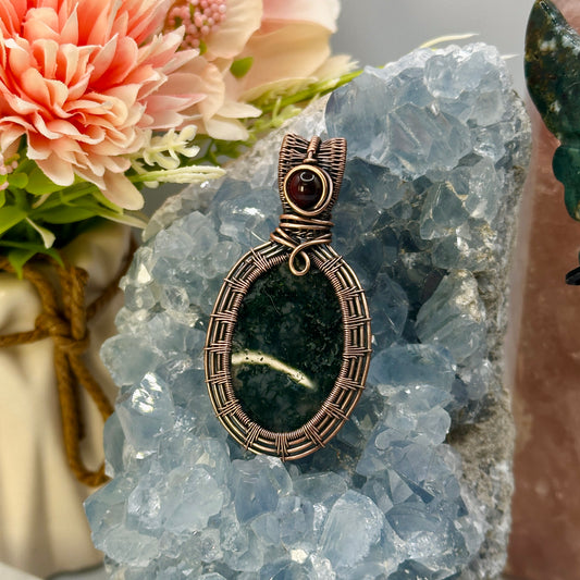 Moss Agate in Copper w/ Red Bead