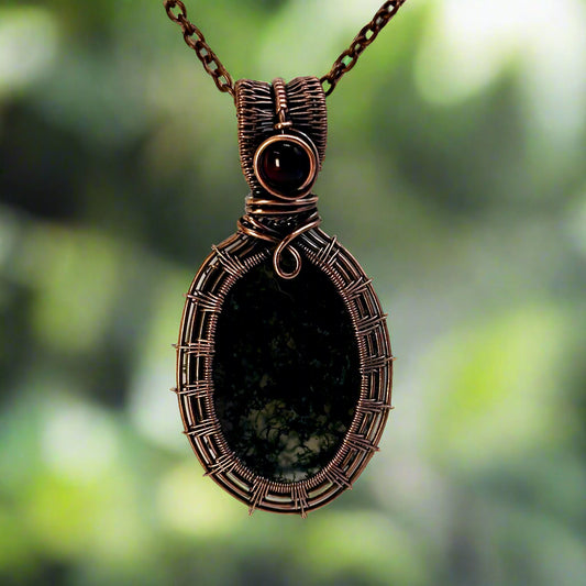 Moss Agate in Copper w/ Red Bead