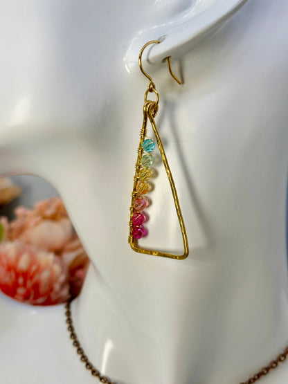 Rainbow Bead Triangle Earrings in Brass