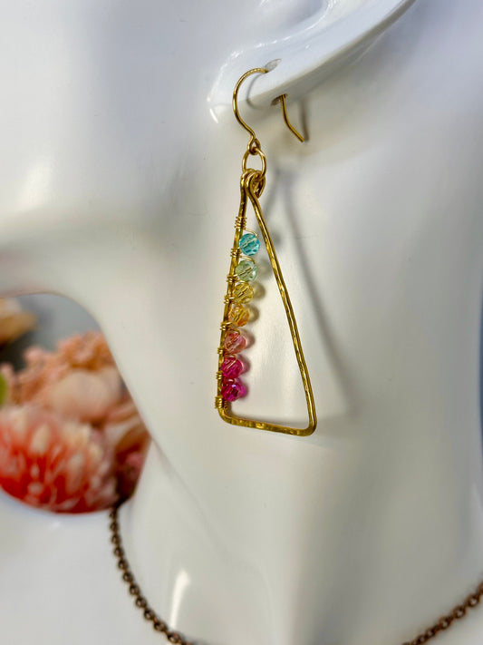 Rainbow Bead Triangle Earrings in Brass