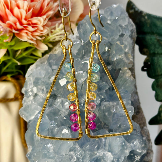 Rainbow Bead Triangle Earrings in Brass