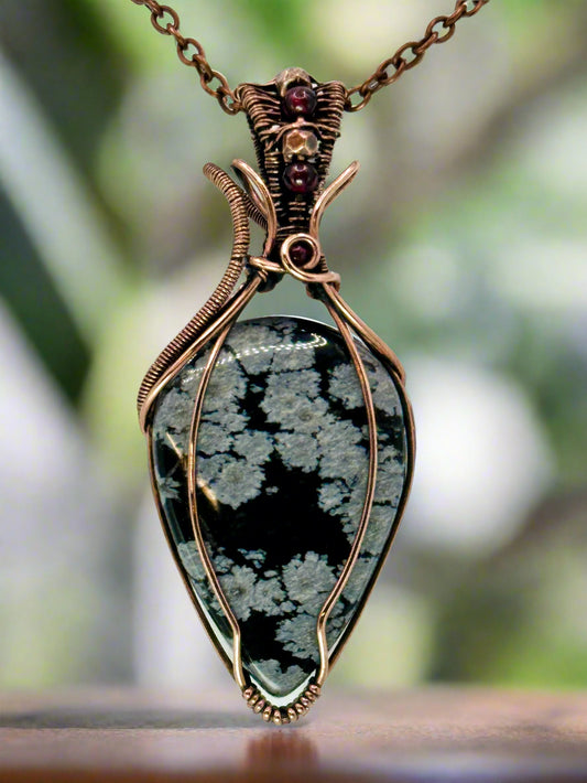 Snowflake Obsidian w/ Garnet Beads in Copper