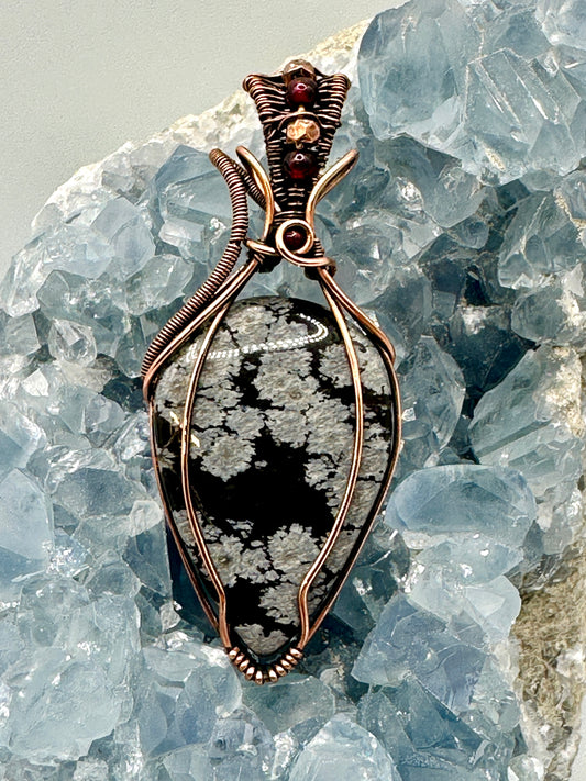 Snowflake Obsidian w/ Garnet Beads in Copper