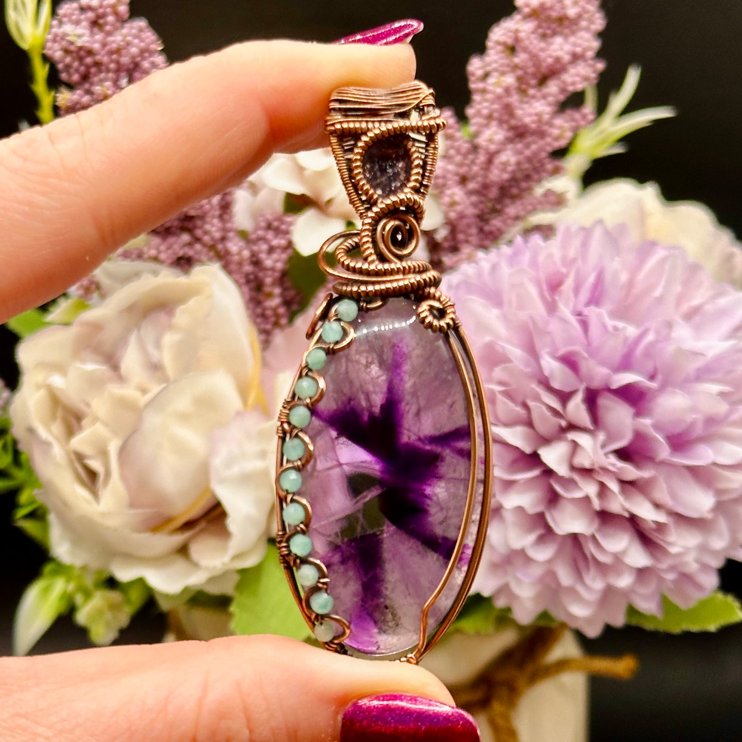 Trapiche Amethyst wrapped in antiqued copper w/ Amazonite beads & an Iolite Sunstone facet