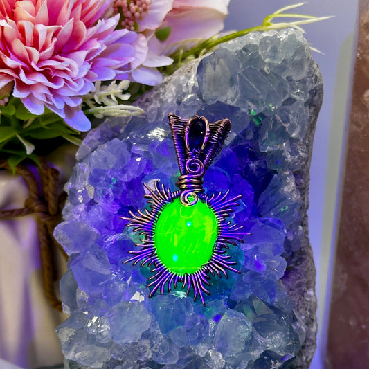 Uranium Glass Sunburst Pendant in Copper