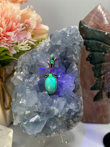 Vintage Blue Uranium Glass Pendant in Copper