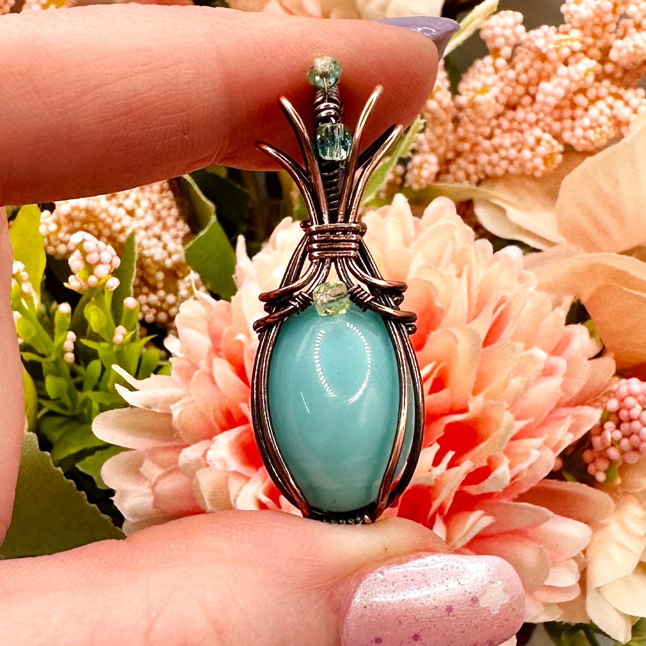 Vintage Blue Uranium Glass Pendant in Copper